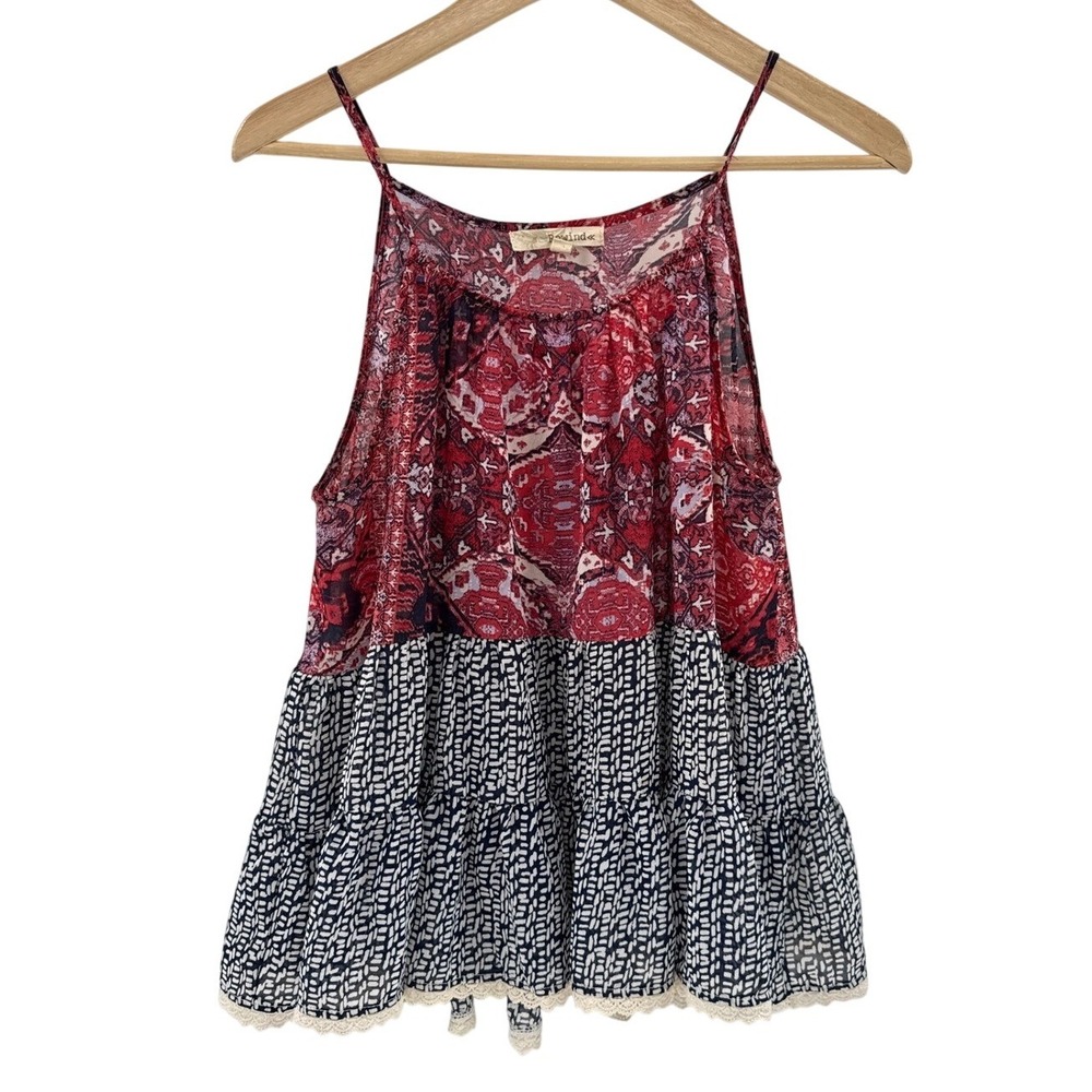 Rewind Womens Boho Mixed Print Tiered Cami Top Red Navy Paisley Lace Trim Large